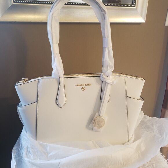 MICHAEL KORS Marilyn Medium Saffiano Leather Tote HandBag Purse White Gold NWT - Picture 7 of 8